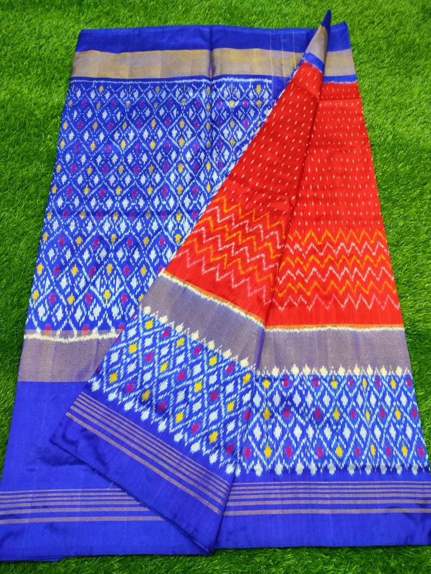 ikkat red saree with check pattern