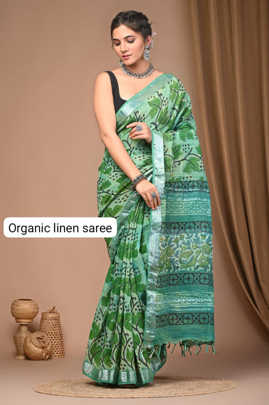 Cotton Linen Organic Vegetables Hand Block Print Saree