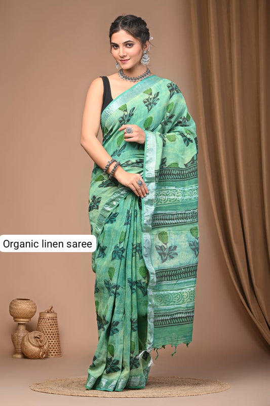 Cotton Linen Organic Vegetables Hand Block Print Saree