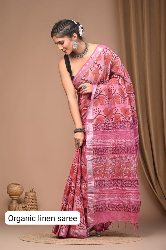 Cotton Linen Organic Vegetables Hand Block Print Saree