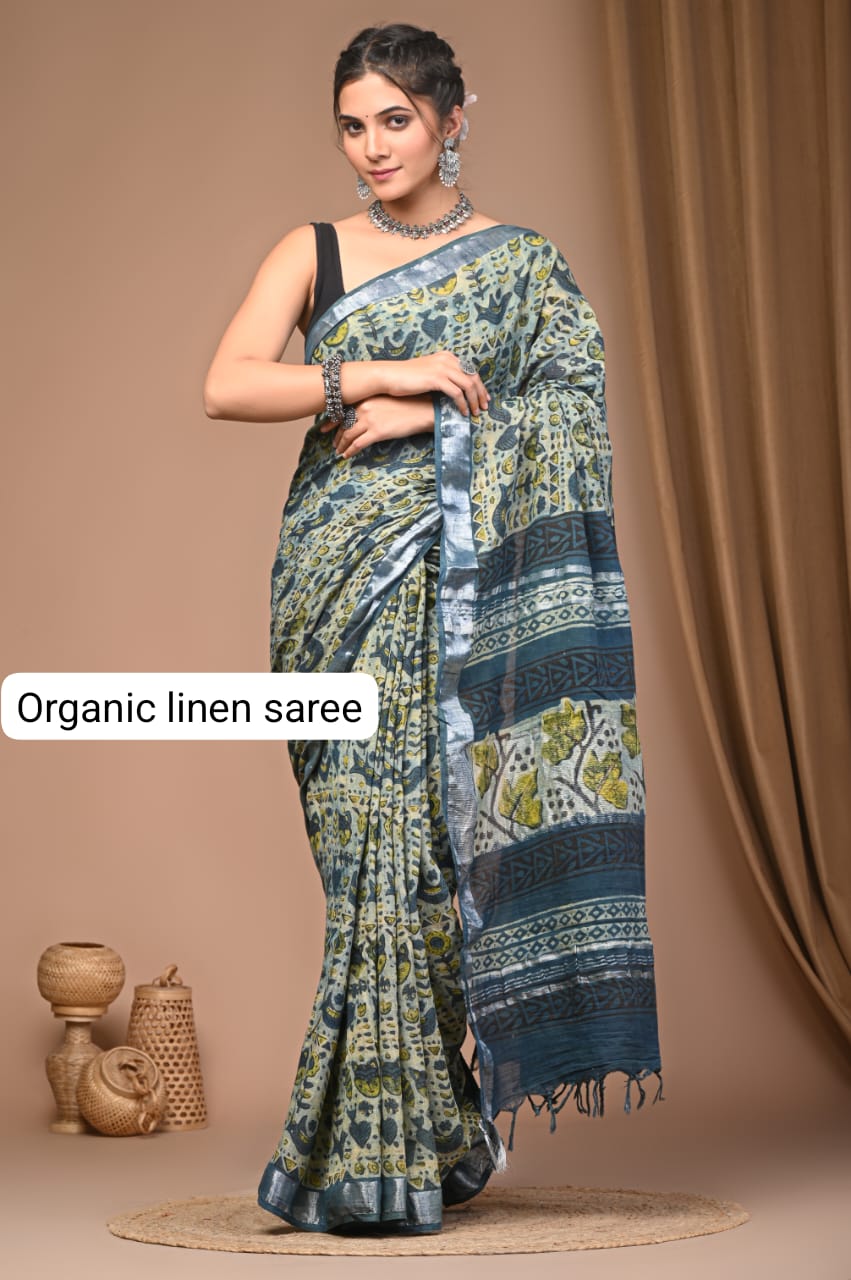 Cotton Linen Organic Vegetables Hand Block Print Saree