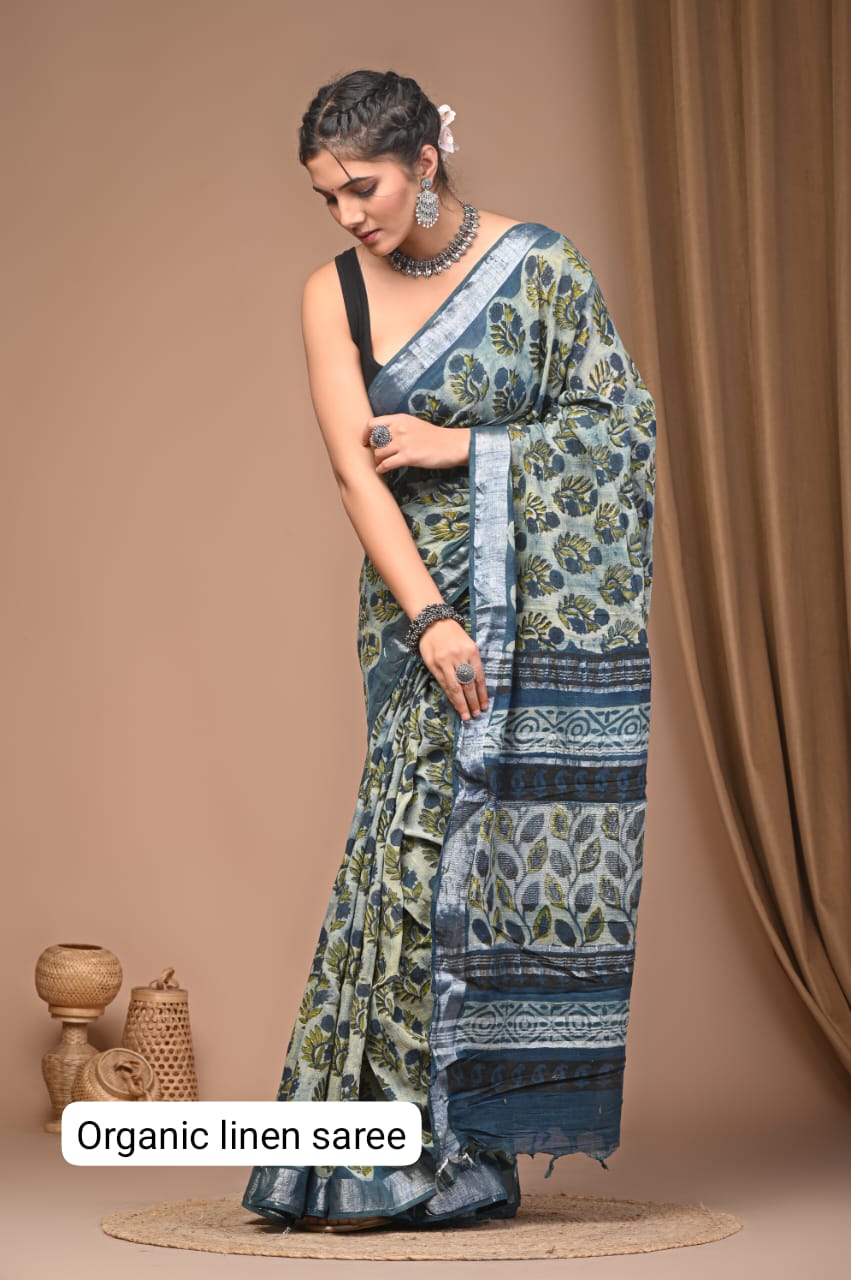 Cotton Linen Organic Vegetables Hand Block Print Saree