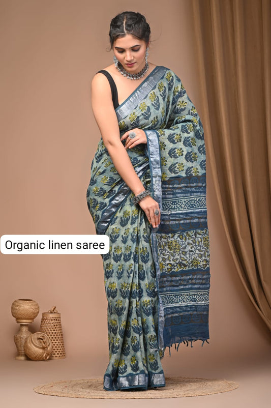 Cotton Linen Organic Vegetables Hand Block Print Saree