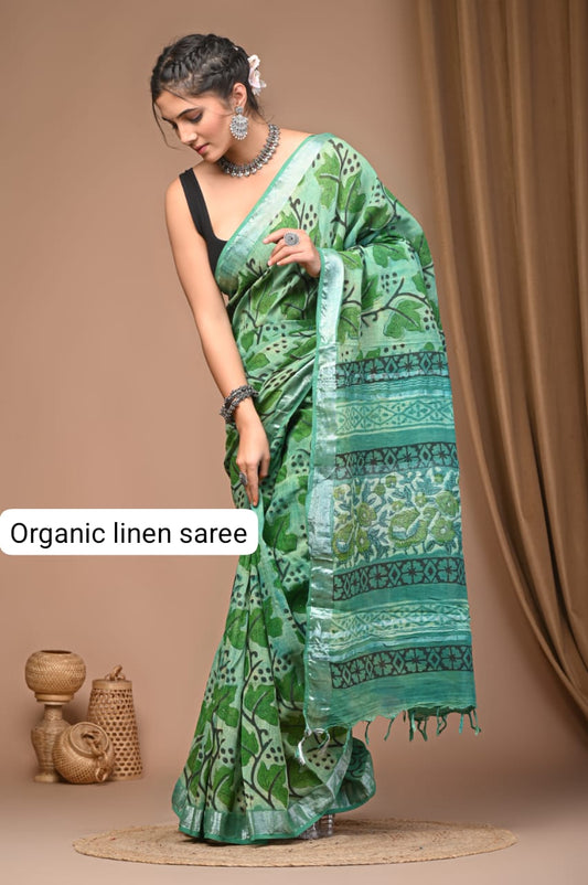 Cotton Linen Organic Vegetables Hand Block Print Saree