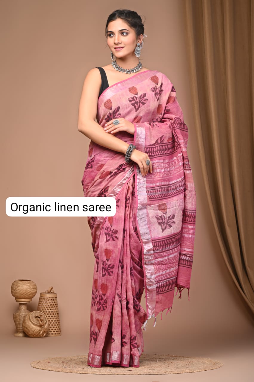 Cotton Linen Organic Vegetables Hand Block Print Saree