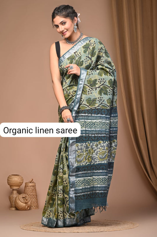 Cotton Linen Organic Vegetables Hand Block Print Saree