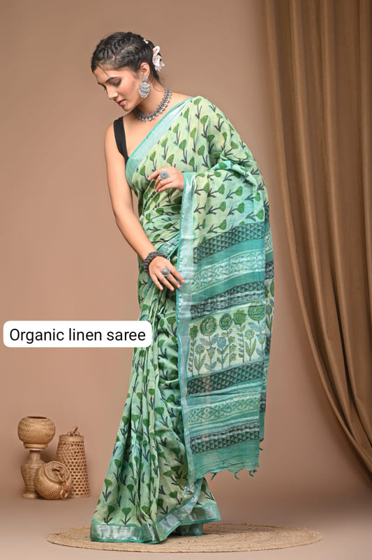 Cotton Linen Organic Vegetables Hand Block Print Saree