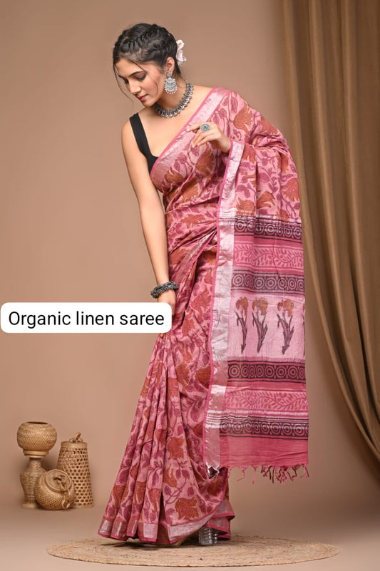 Cotton Linen Organic Vegetables Hand Block Print Saree