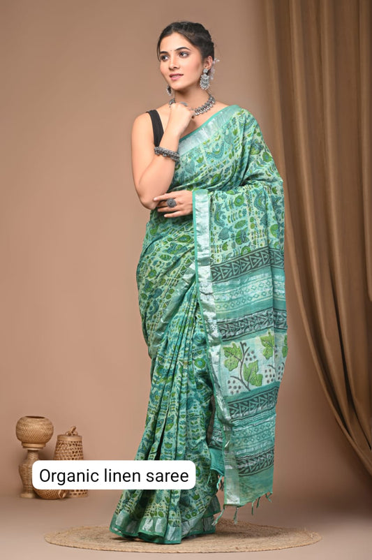 Cotton Linen Organic Vegetables Hand Block Print Saree