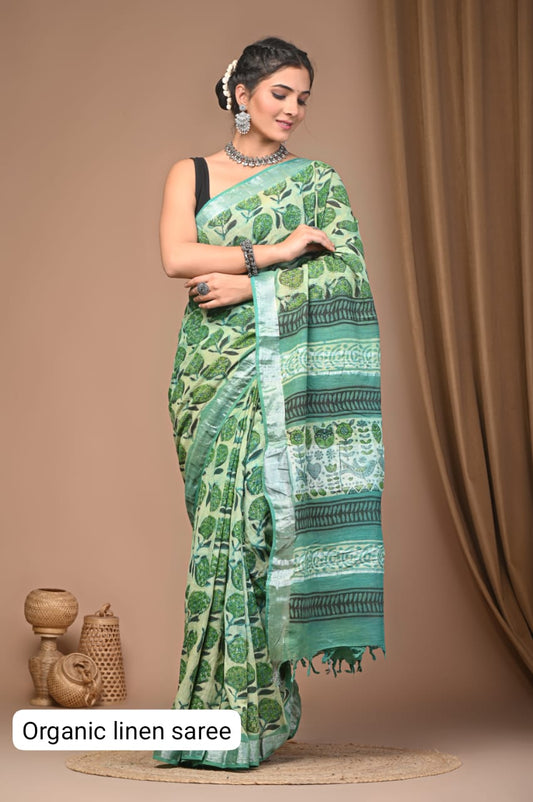 Cotton Linen Organic Vegetables Hand Block Print Saree