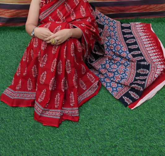 Pure Cotton Mulmul Block Print Saree