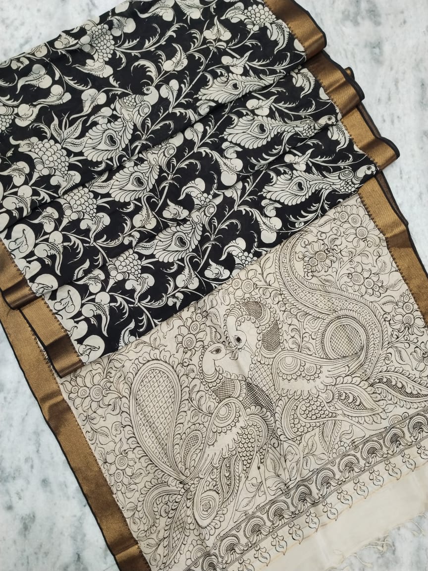 Kalamkari Black and White Saree