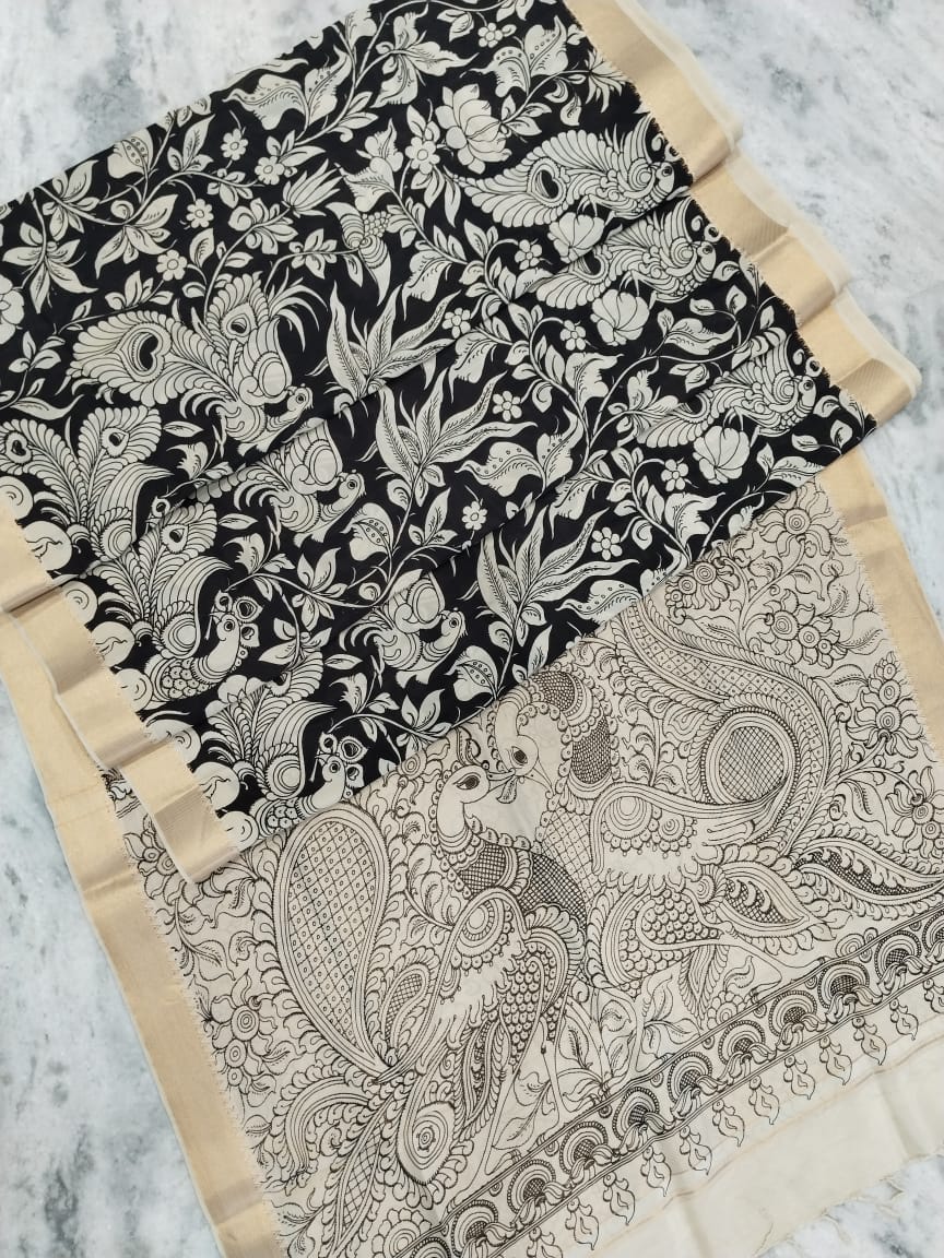 Kalamkari Black and White Saree