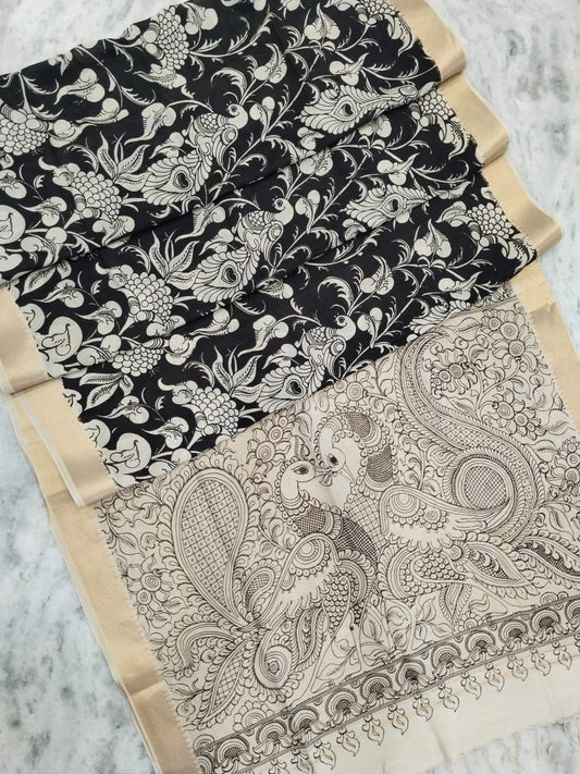 Kalamkari Black and White Saree