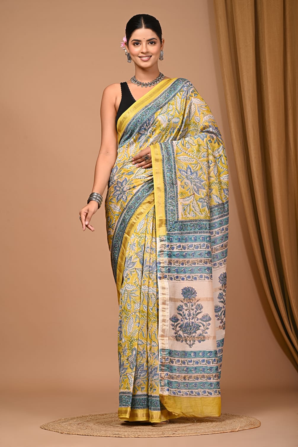 Maheshwari Block Print Silk Saree