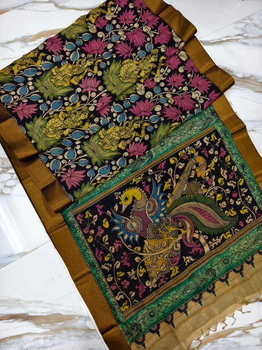 Pure Pen Kalamkari Bangalore Silk Saree