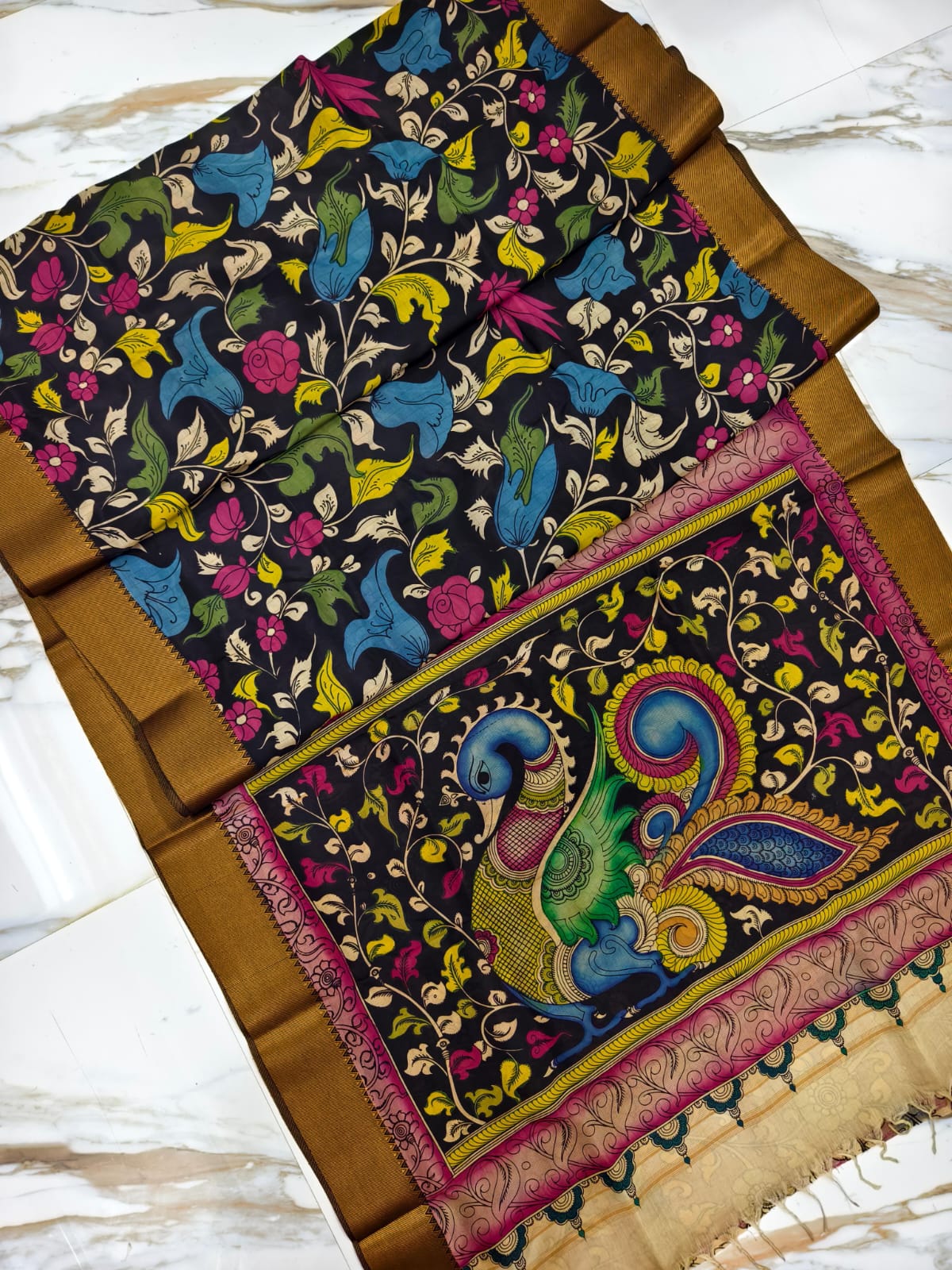 Pure Pen Kalamkari Bangalore Silk Saree