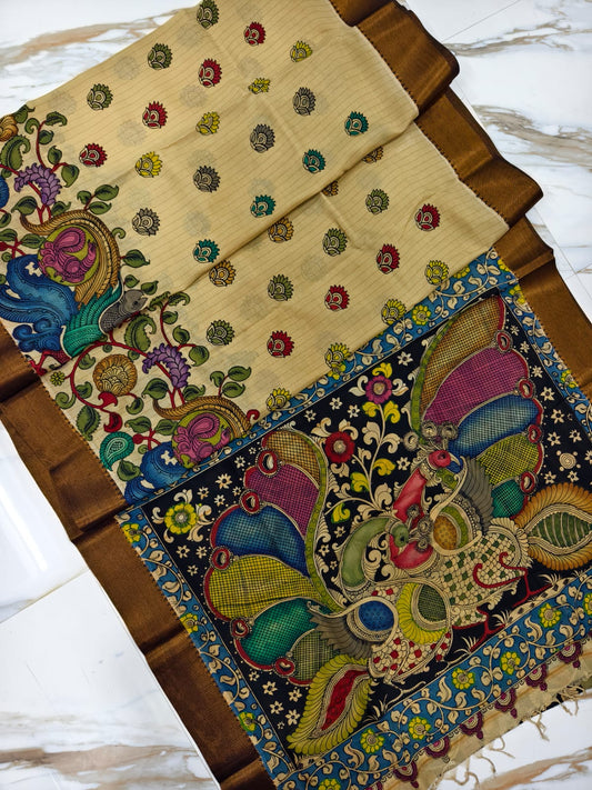 Pure Pen Kalamkari Bangalore Silk Saree