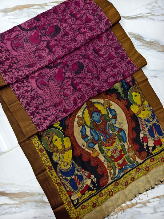 Pure Pen Kalamkari Bangalore Silk Saree