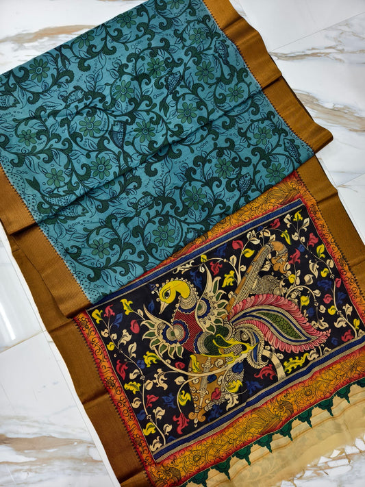 Pure Pen Kalamkari Bangalore Silk Saree