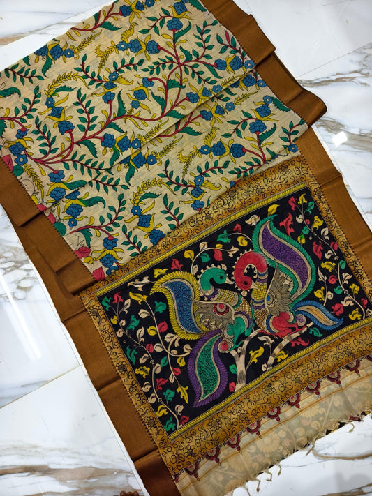 Pure Pen Kalamkari Bangalore Silk Saree