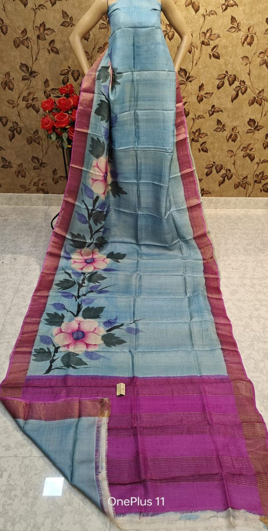 Bishnupury Zary Tussar Special Hand Painted Work Saree With Blouse Piece