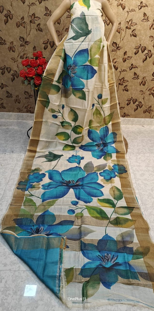 Bishnupury Zary Tussar Special Hand Painted Work Saree With Blouse Piece